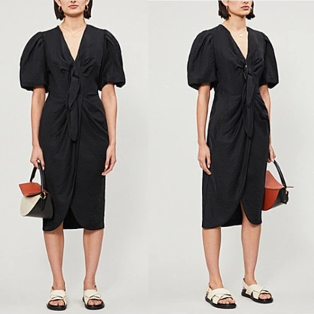 SANDRO Black Linen Tie Front Puff Sleeve Wrap Skirt Bloane Blum Midi Dress S - Picture 7 of 17